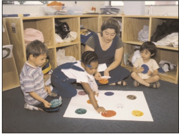 Teacher and students playing with colored circles on the ground