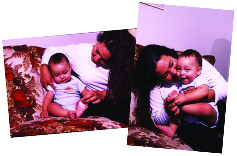 Two pictures of a mom playing with her baby on the couch