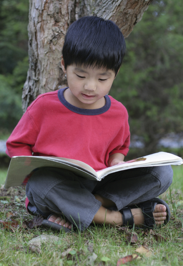 Niño pequeño sentado(a) bajo un árbol leyendo un libro posado sobre sus piernas
