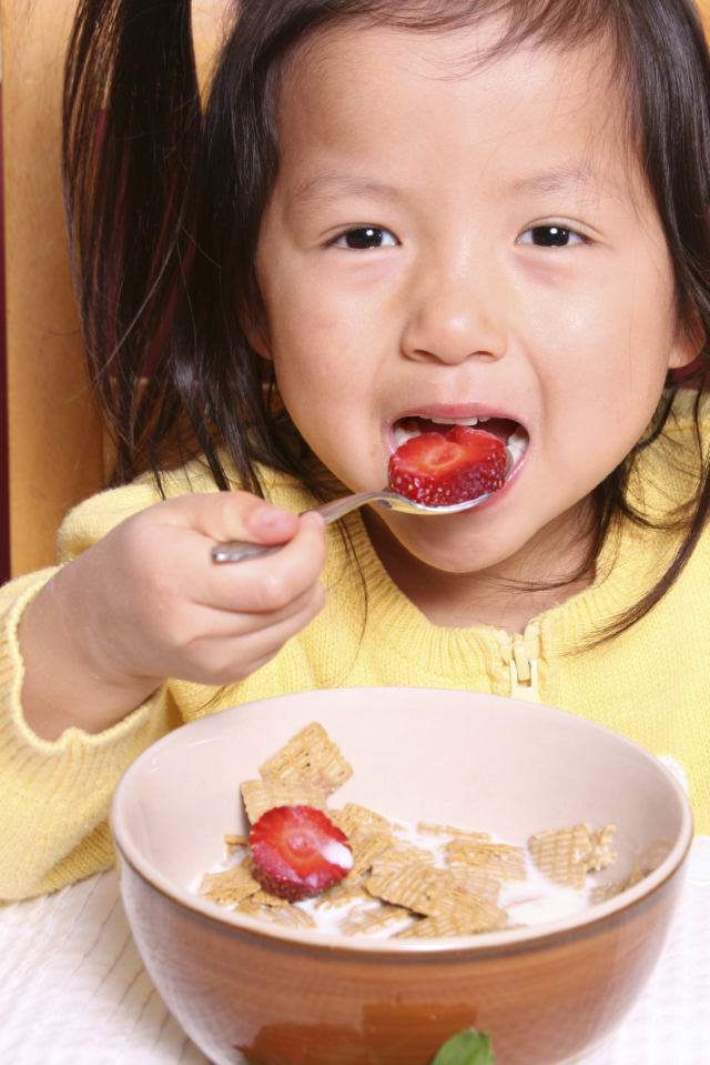 Niña comiendo cereal y leche con fresas/frutillas en un bol