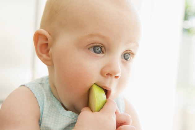 Bebé introduciendo un trozo de fruta verde en su boca